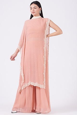 Blush Pink Chiffon Cape Set by Ojasvini
