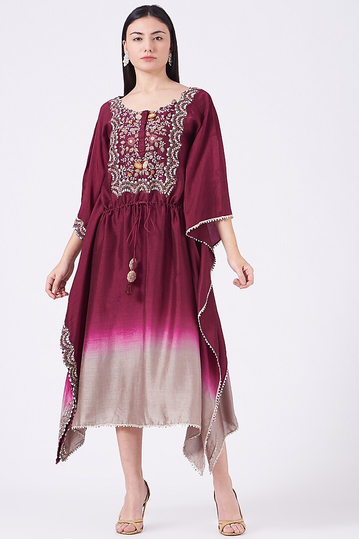 Wine Ombre Embroidered Kaftan by Ojasvini