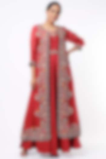 Cherry Red Embroidered Anarkali Set by Ojasvini