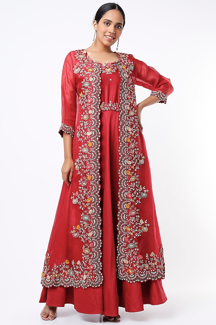 Cherry Red Embroidered Anarkali Set by Ojasvini