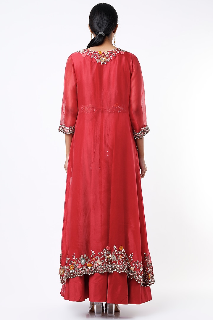 Cherry Red Embroidered Wedding Anarkali Set by Ojasvini at Pernia's Pop Up Shop