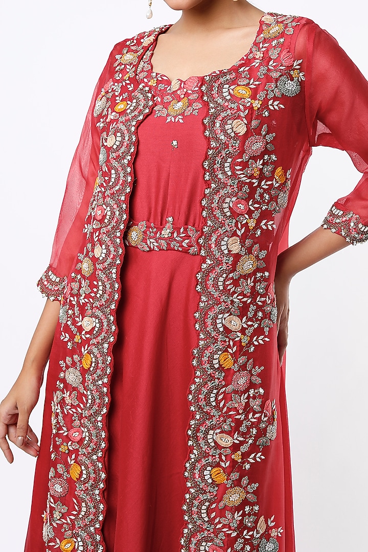 Cherry Red Embroidered Wedding Anarkali Set by Ojasvini at Pernia's Pop Up Shop