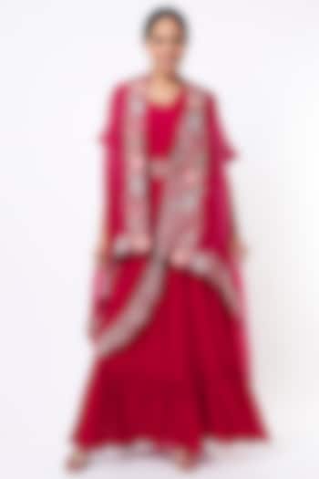 Cherry Red Georgette Zardosi Embroidered Gown Saree Set by Ojasvini