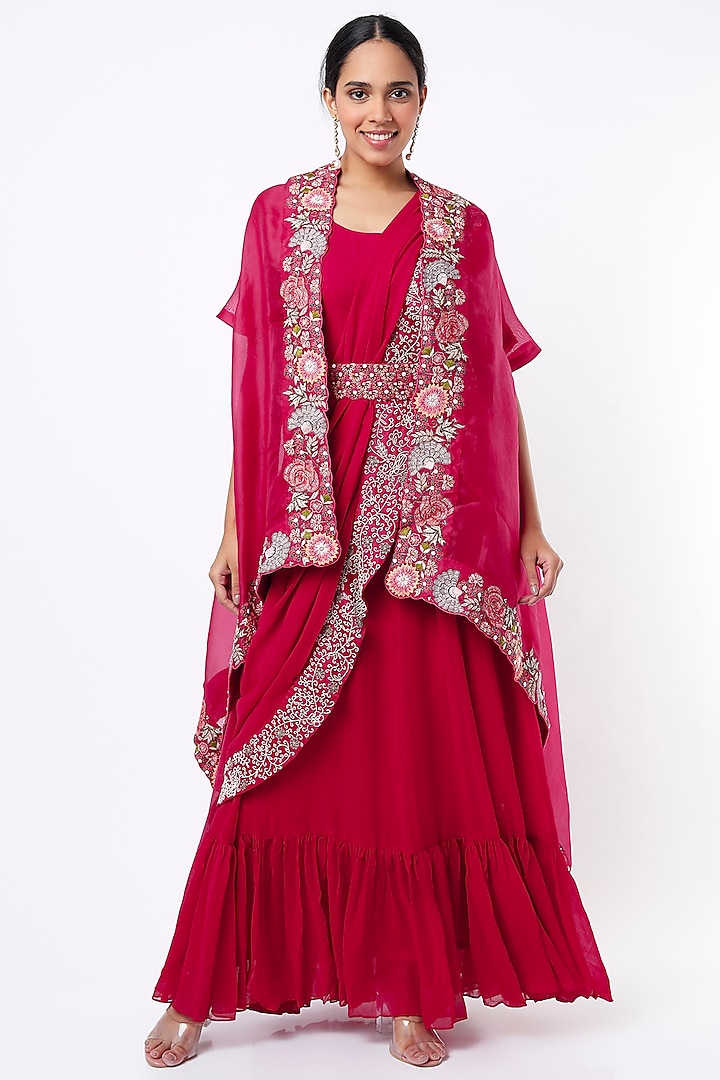 Cherry Red Georgette Zardosi Embroidered Gown Saree Set by Ojasvini