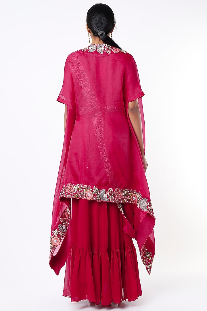 Cherry Red Georgette Zardosi Embroidered Wedding Gown Saree Set by Ojasvini at Pernia's Pop Up Shop