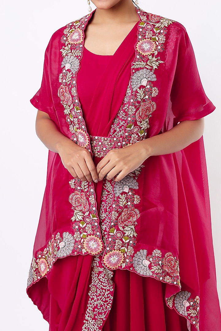 Cherry Red Georgette Zardosi Embroidered Wedding Gown Saree Set by Ojasvini at Pernia's Pop Up Shop