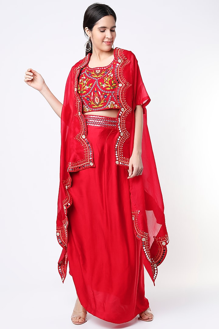 Red Embroidered Cape Set by Ojasvini
