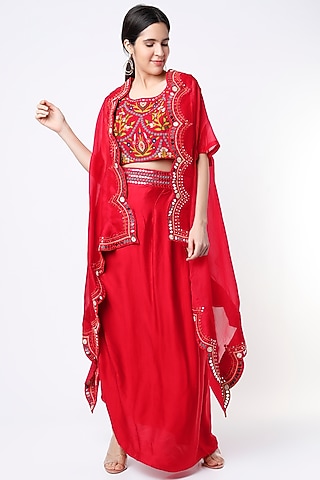 Red Embroidered Cape Set by Ojasvini