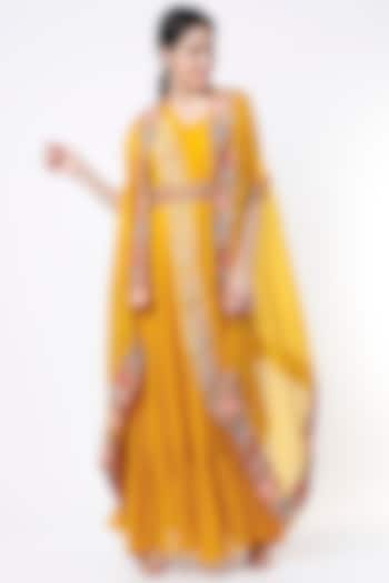 Yellow Embroidered Gown Saree With Cape by Ojasvini