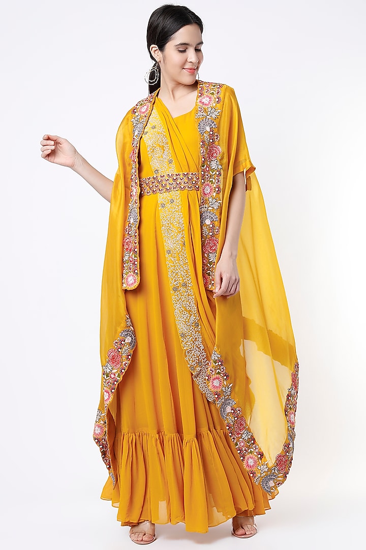 Yellow Embroidered Gown Saree With Cape by Ojasvini