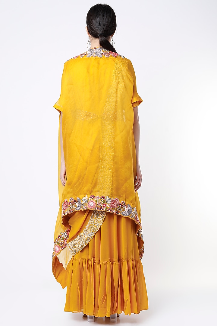 Yellow Embroidered Wedding Gown Saree With Cape by Ojasvini at Pernia's Pop Up Shop