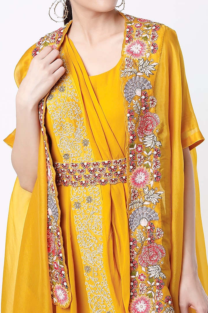 Yellow Embroidered Wedding Gown Saree With Cape by Ojasvini at Pernia's Pop Up Shop