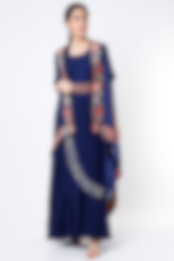 Navy Blue Embroidered Gown Saree With Cape by Ojasvini
