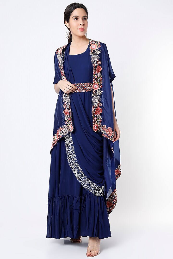 Navy Blue Embroidered Gown Saree With Cape by Ojasvini