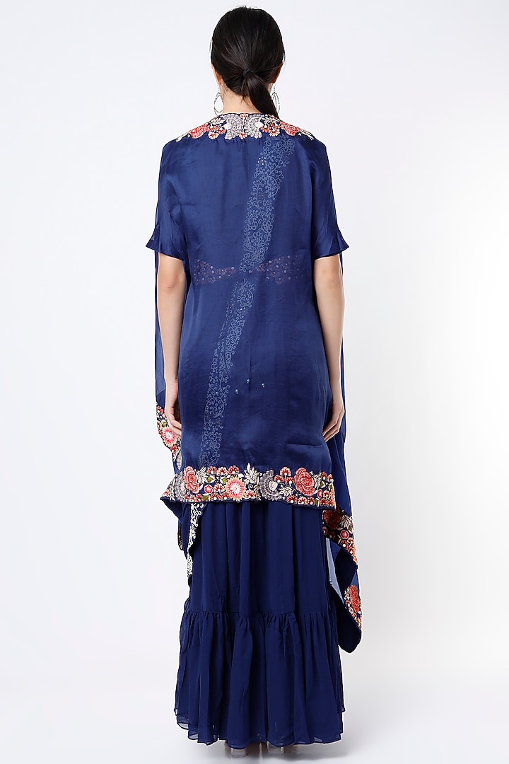 Navy Blue Embroidered Wedding Gown Saree With Cape by Ojasvini at Pernia's Pop Up Shop