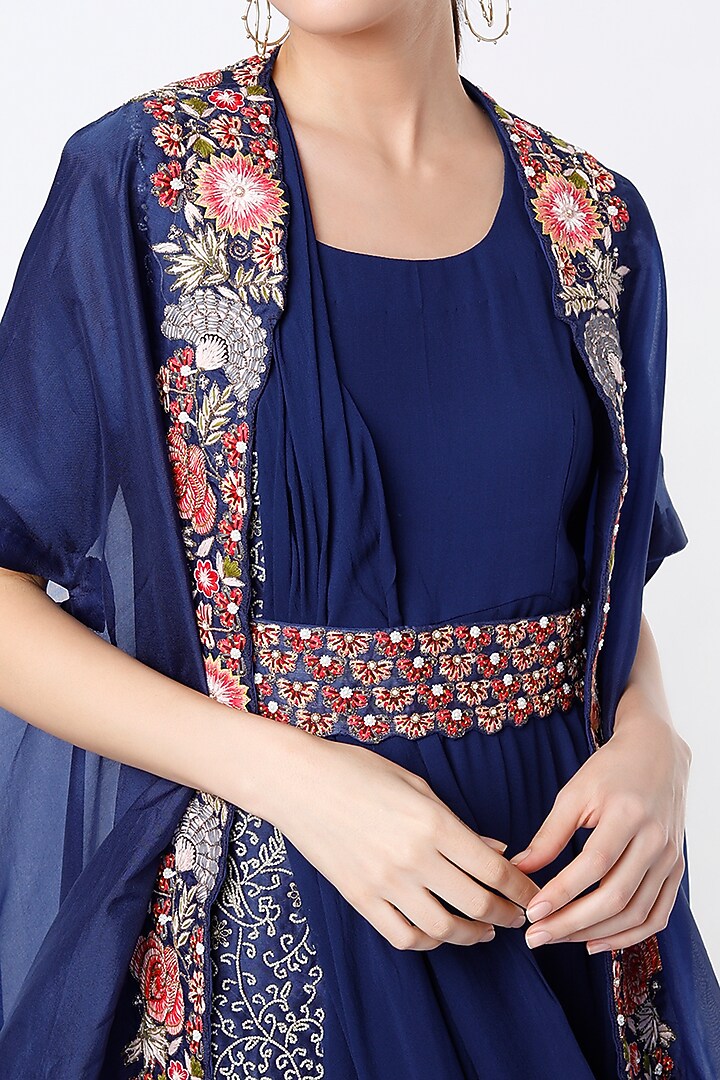 Navy Blue Embroidered Wedding Gown Saree With Cape by Ojasvini at Pernia's Pop Up Shop