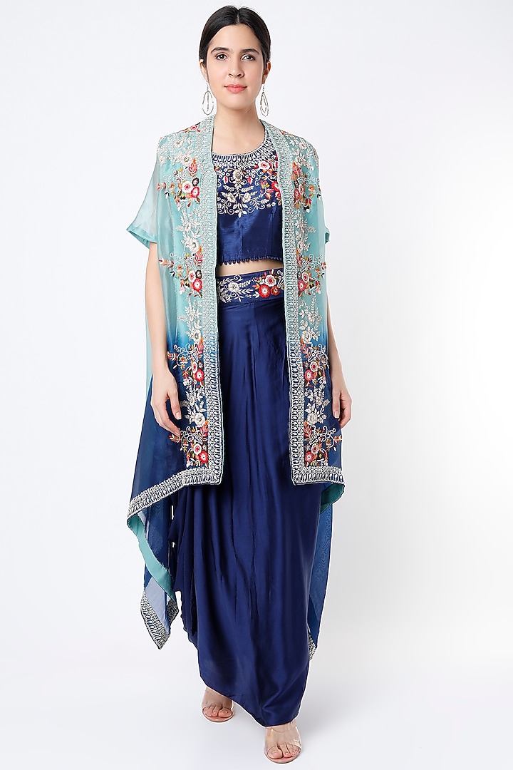 Blue Ombre Embroidered Cape Set by Ojasvini at Pernia's Pop Up Shop