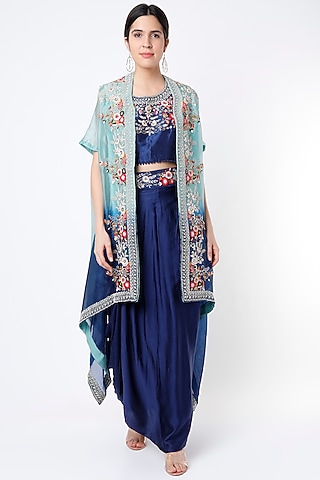 Blue Ombre Embroidered Cape Set by Ojasvini