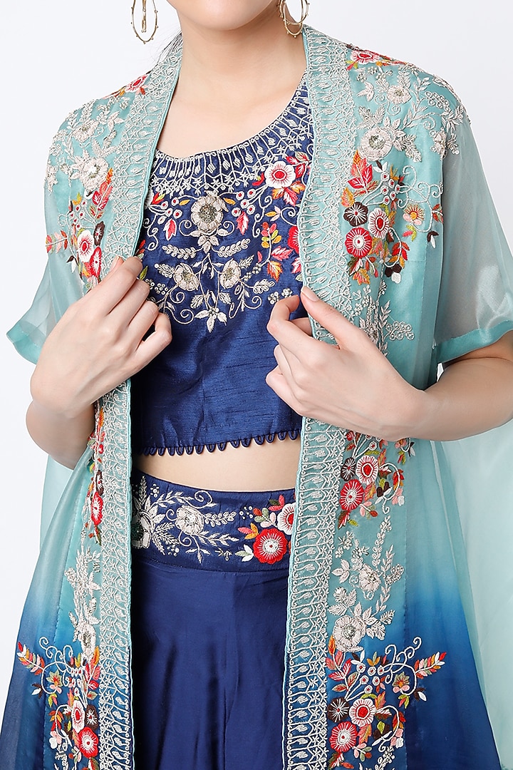 Blue Ombre Embroidered Cape Set by Ojasvini at Pernia's Pop Up Shop
