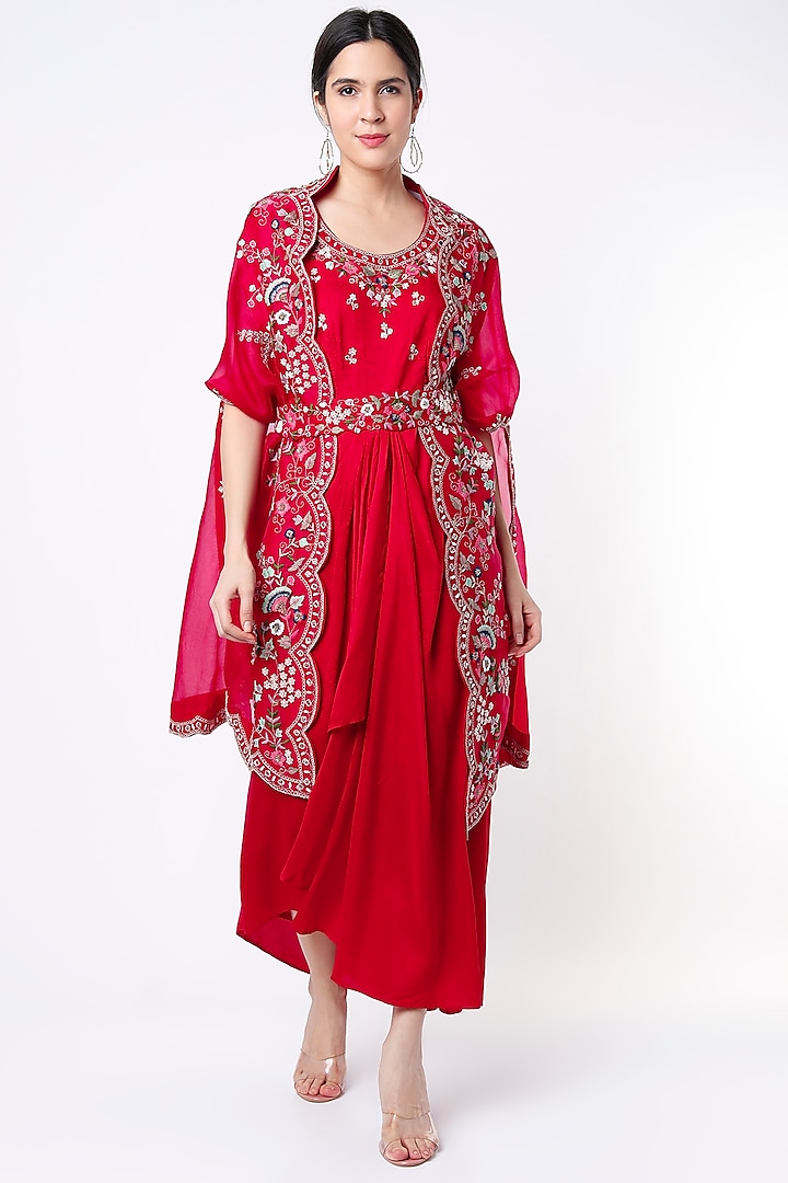 Red Embroidered Cape Set With Belt by Ojasvini at Pernia's Pop Up Shop