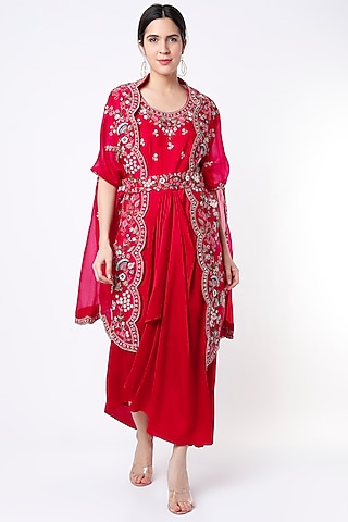 Red Embroidered Cape Set With Belt by Ojasvini