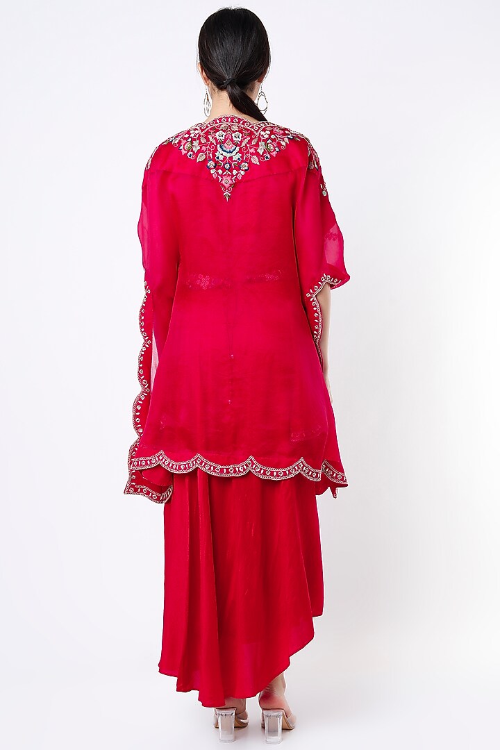 Red Embroidered Cape Set With Belt by Ojasvini at Pernia's Pop Up Shop