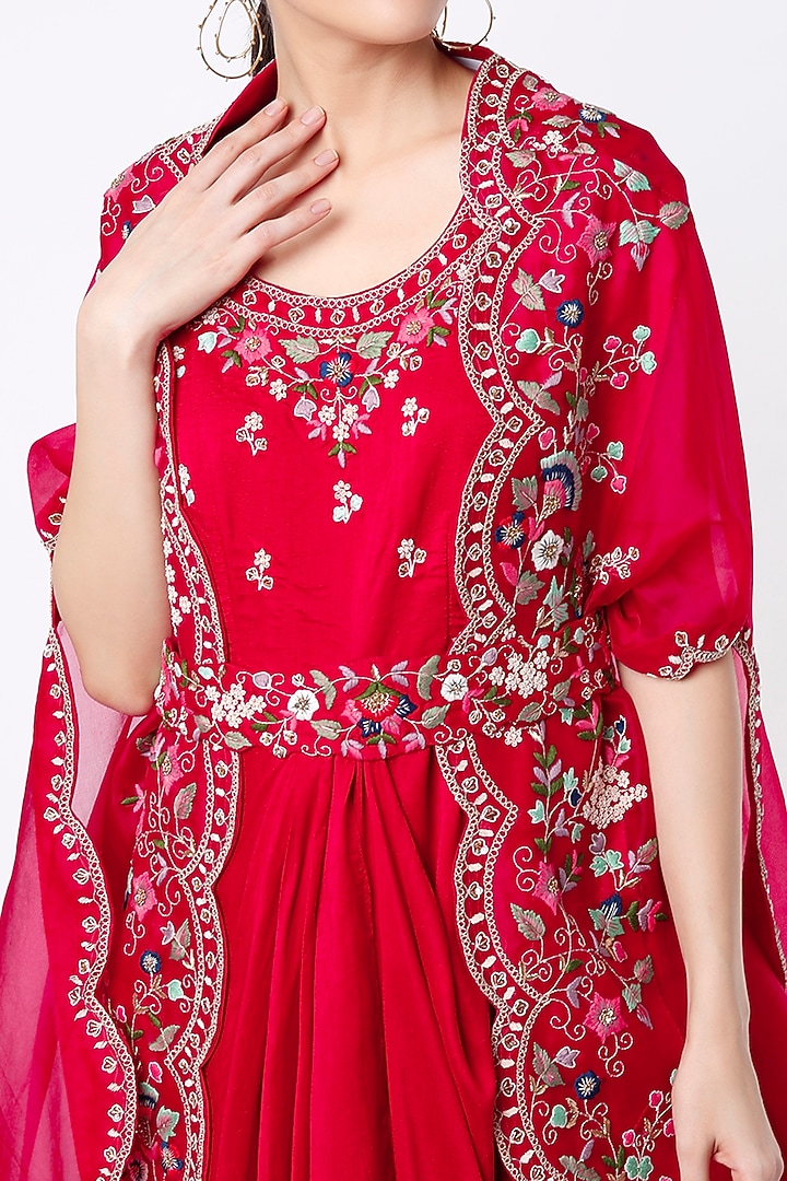 Red Embroidered Cape Set With Belt by Ojasvini at Pernia's Pop Up Shop