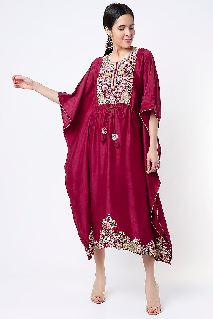 Wine Embroidered Kaftan by Ojasvini