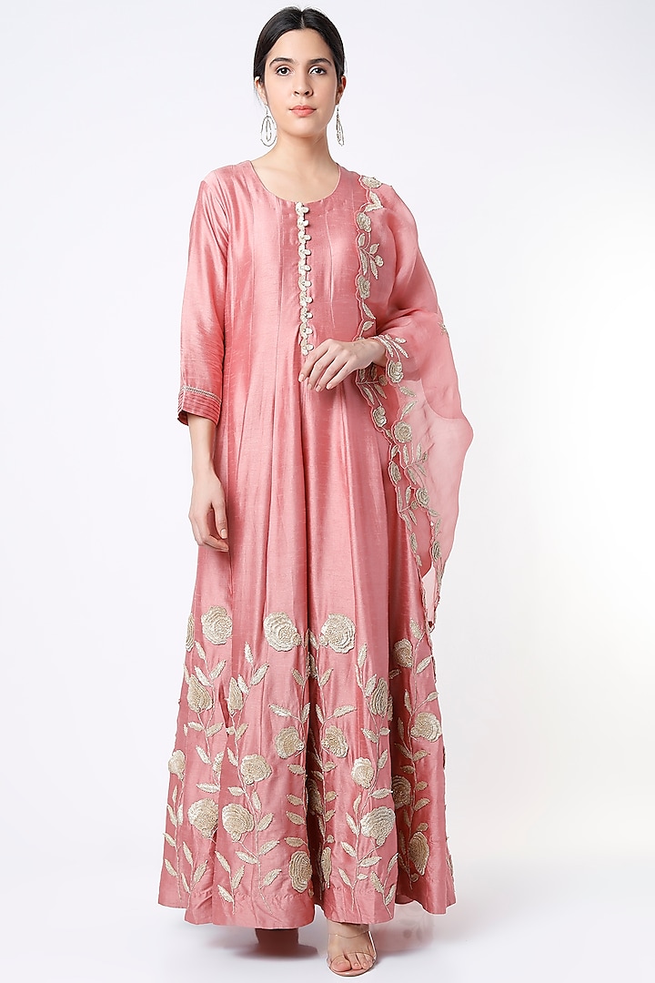 Dusty Pink Anarkali Set With Gota Work by Ojasvini