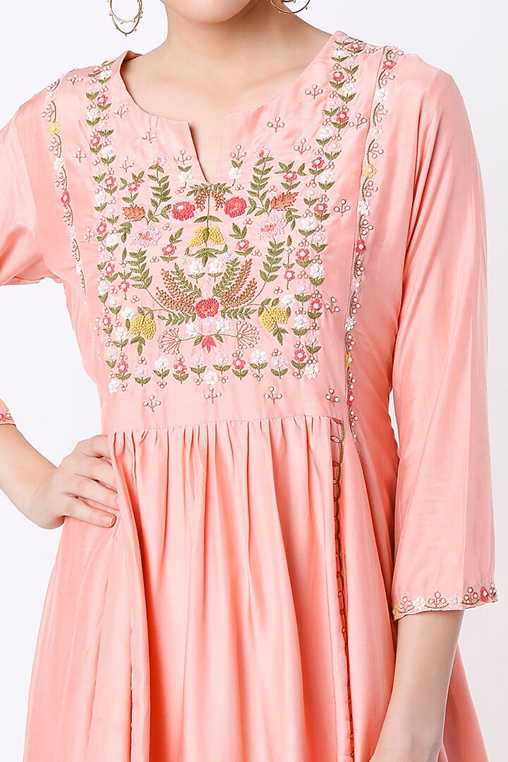 Peachish Pink Embroidered Tunic by Ojasvini at Pernia's Pop Up Shop