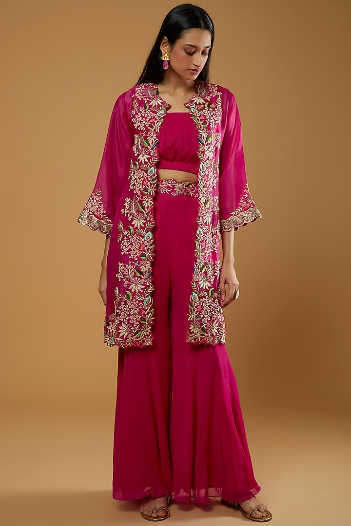Red Hand Embroidered Jacket Set by Ojasvini at Pernia's Pop Up Shop