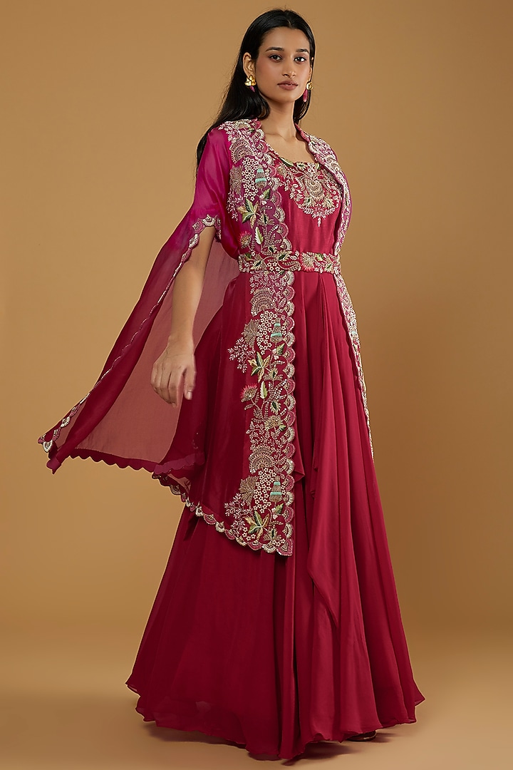 Red & Rani Ombre Embroidered Cape Set by Ojasvini