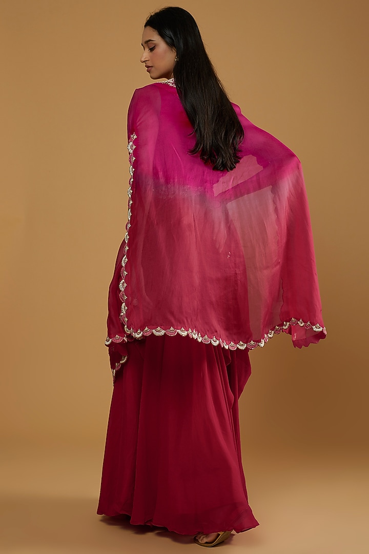 Red & Rani Ombre Embroidered Cape Set by Ojasvini at Pernia's Pop Up Shop