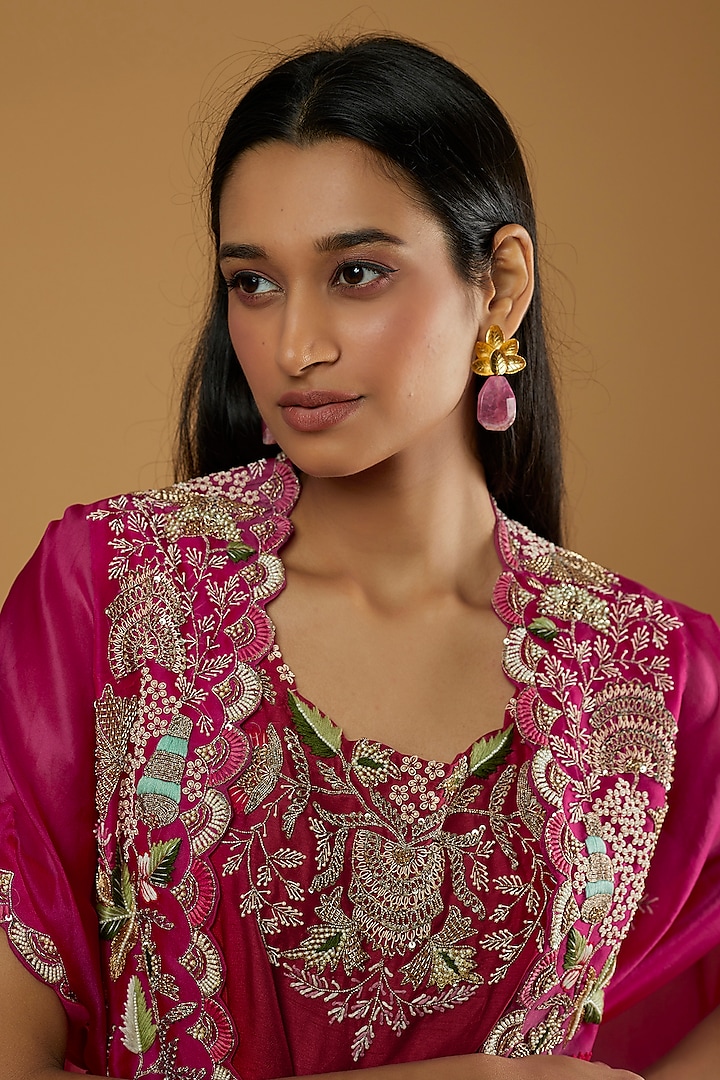 Red & Rani Ombre Embroidered Cape Set by Ojasvini at Pernia's Pop Up Shop