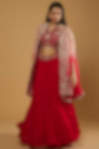 Red Georgette Embroidered Jacket Wedding Lehenga Set by Ojasvini at Pernia's Pop Up Shop