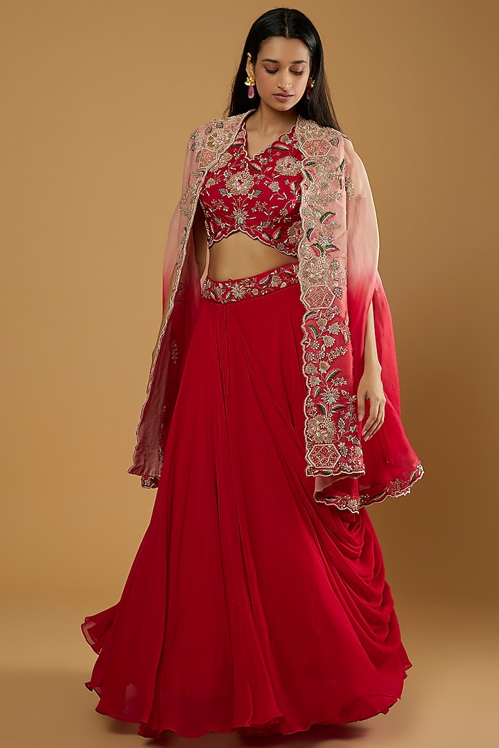 Red Georgette Embroidered Jacket Lehenga Set by Ojasvini