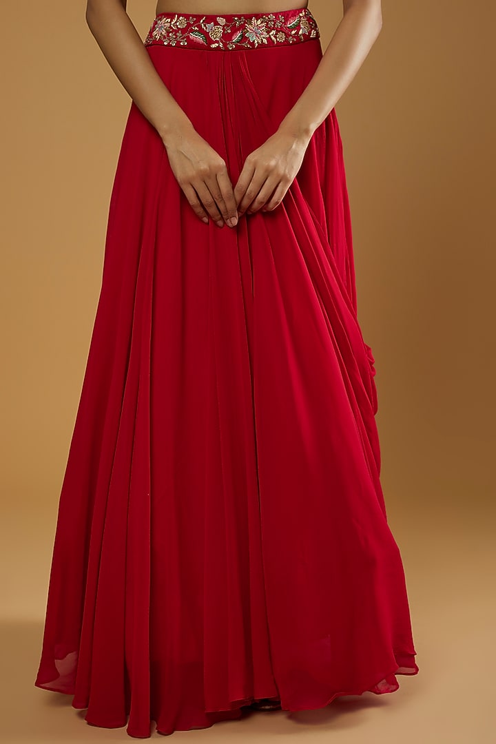 Red Georgette Embroidered Jacket Wedding Lehenga Set by Ojasvini at Pernia's Pop Up Shop