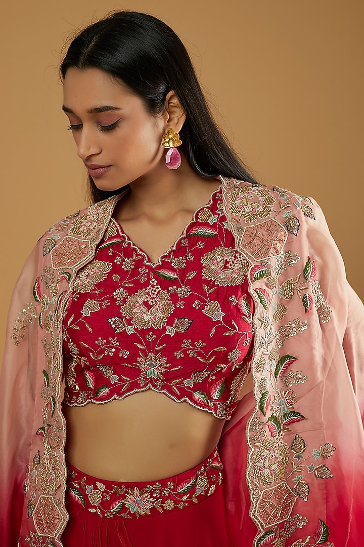 Red Georgette Embroidered Jacket Wedding Lehenga Set by Ojasvini at Pernia's Pop Up Shop