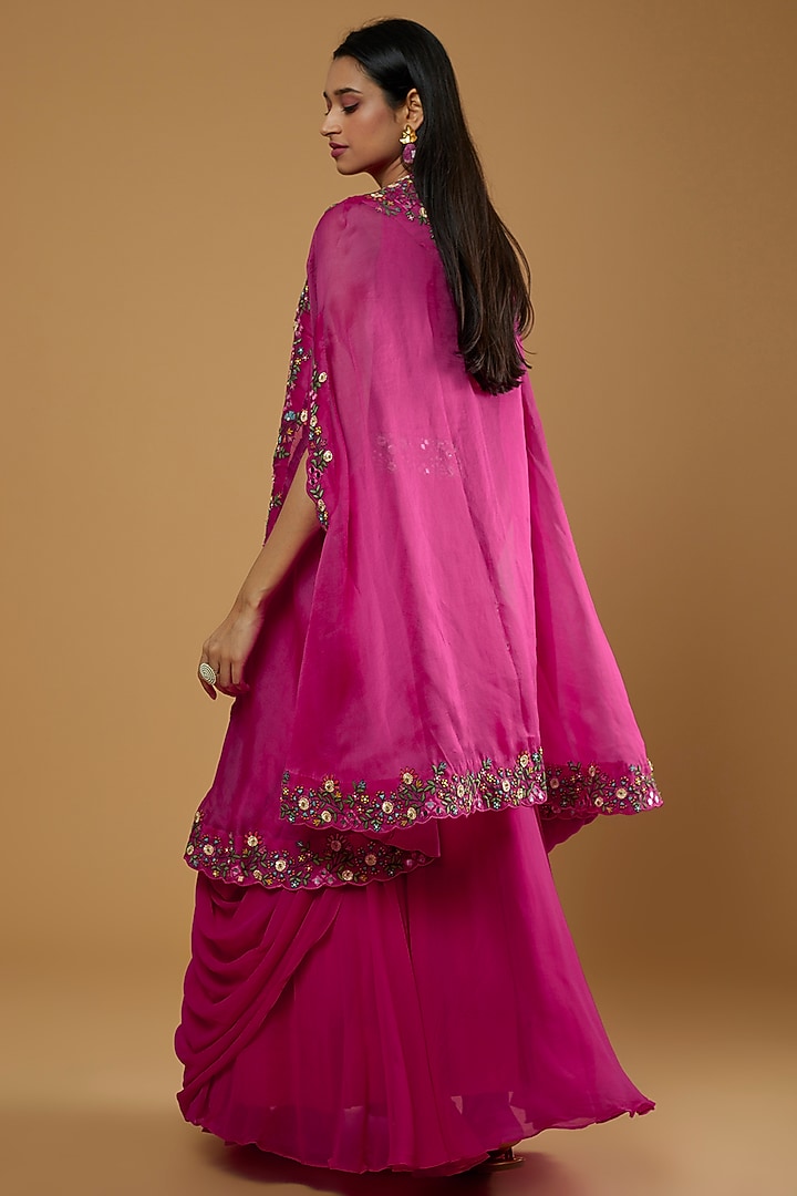 Fuchsia Pink Georgette Jacket Wedding Lehenga Set by Ojasvini at Pernia's Pop Up Shop