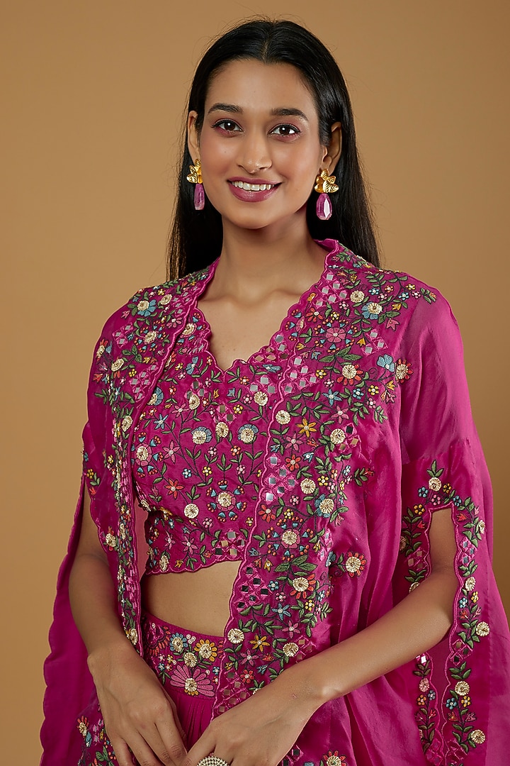 Fuchsia Pink Georgette Jacket Wedding Lehenga Set by Ojasvini at Pernia's Pop Up Shop