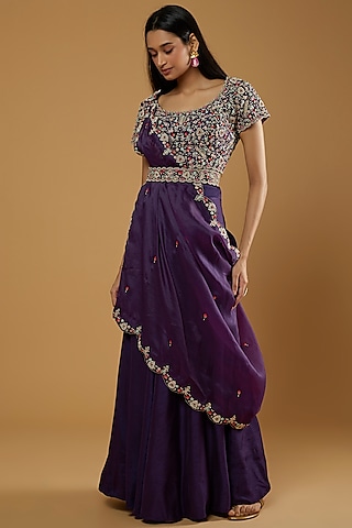 Purple Embroidered Lehenga Set by Ojasvini