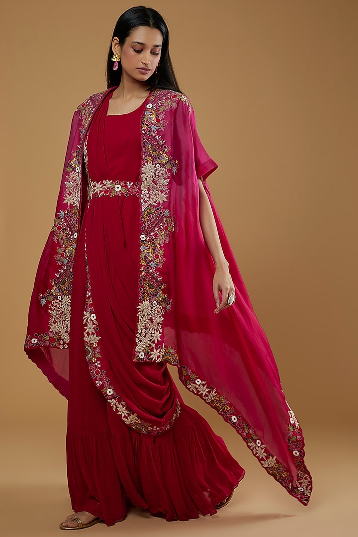 Red Georgette Zardosi Embroidered Gown Saree Set by Ojasvini