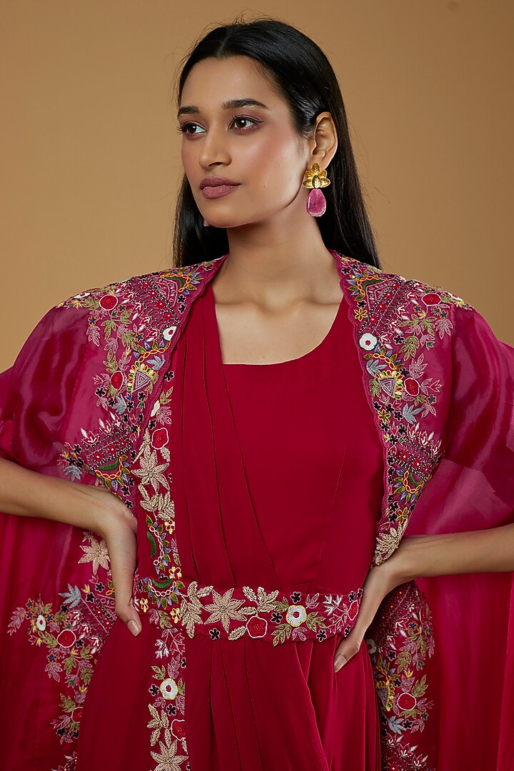 Red Georgette Zardosi Embroidered Wedding Gown Saree Set by Ojasvini at Pernia's Pop Up Shop