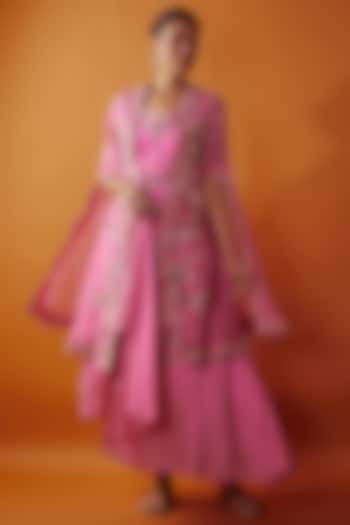 Pink Silk & Organza Hand Embroidered Jacket Dress by Ojasvini at Pernia's Pop Up Shop