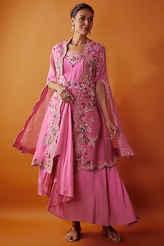 Pink Silk & Organza Hand Embroidered Jacket Dress by Ojasvini
