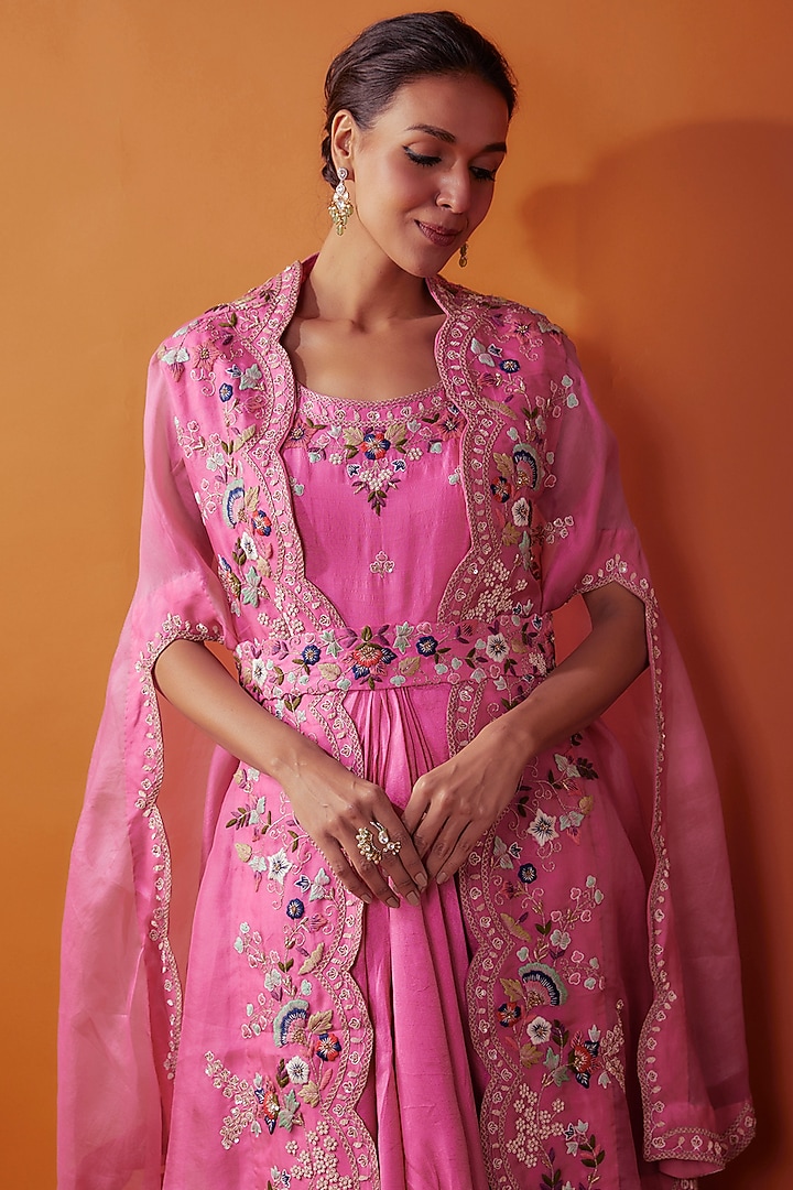 Pink Silk & Organza Hand Embroidered Jacket Cocktail Dress by Ojasvini at Pernia's Pop Up Shop
