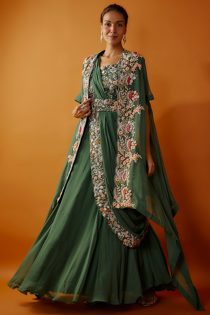 Green Georgette & Silk Hand Embroidered Jacket Wedding Lehenga Set by Ojasvini at Pernia's Pop Up Shop