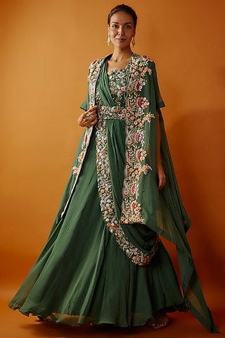 Green Georgette & Silk Hand Embroidered Jacket Lehenga Set by Ojasvini