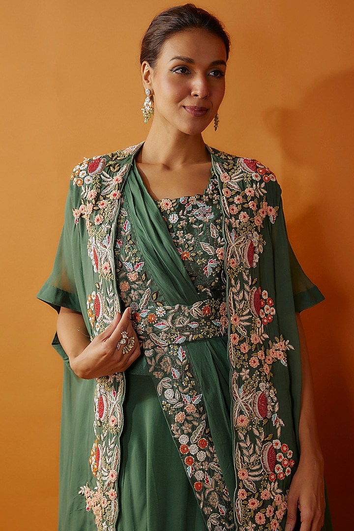 Green Georgette & Silk Hand Embroidered Jacket Wedding Lehenga Set by Ojasvini at Pernia's Pop Up Shop