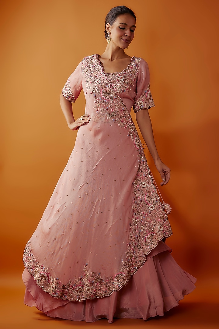 Pink Satin Organza & Organza Wedding Lehenga Set by Ojasvini at Pernia's Pop Up Shop